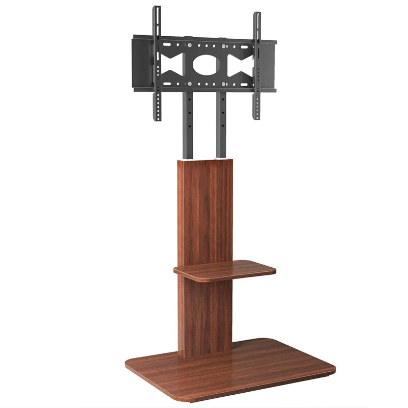 Height Adjustable Wooden TV Floor Stand Bracket with Wood Shelves for 32-65 Inch