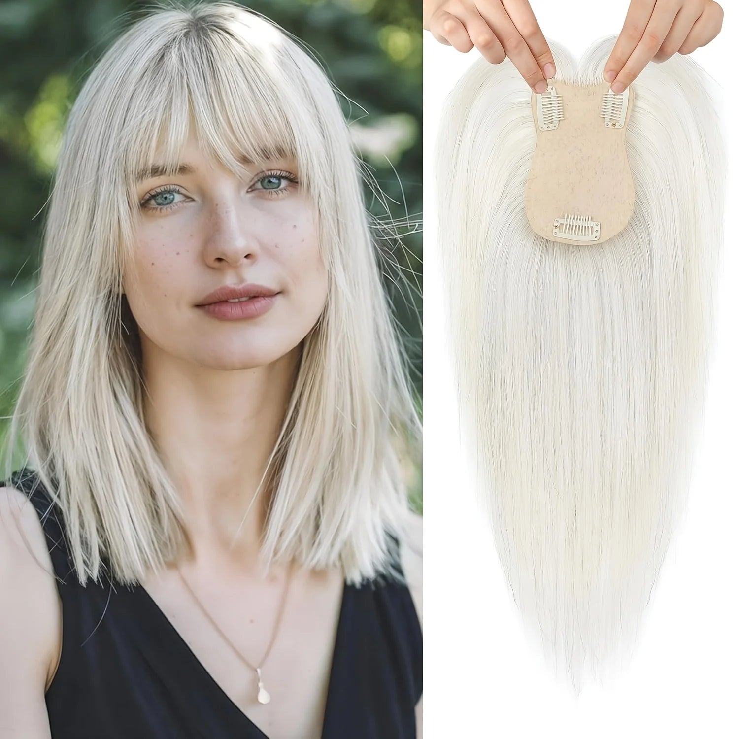 [Real Human Hair Topper] Real Human Hair Clip in Bangs Topper for Women | French Bangs Hair Piece for Thinning & Volume-Silvery