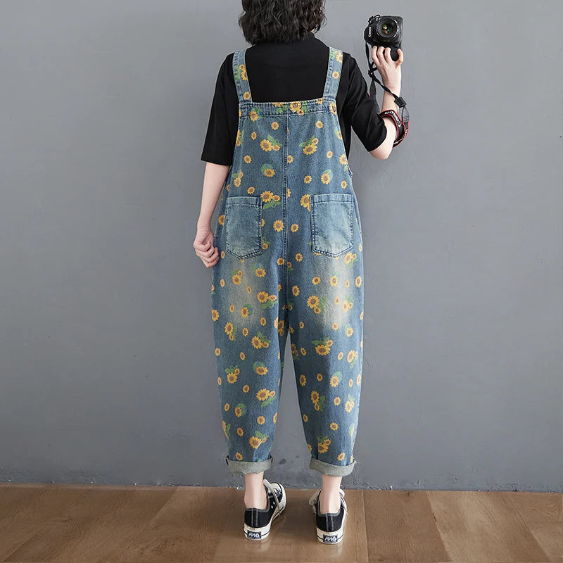 Wholesale Retro Art and Age Reduction Printing Denim Straps for Women Spring and Autumn 2026 New Large Skinny Jumpsuit