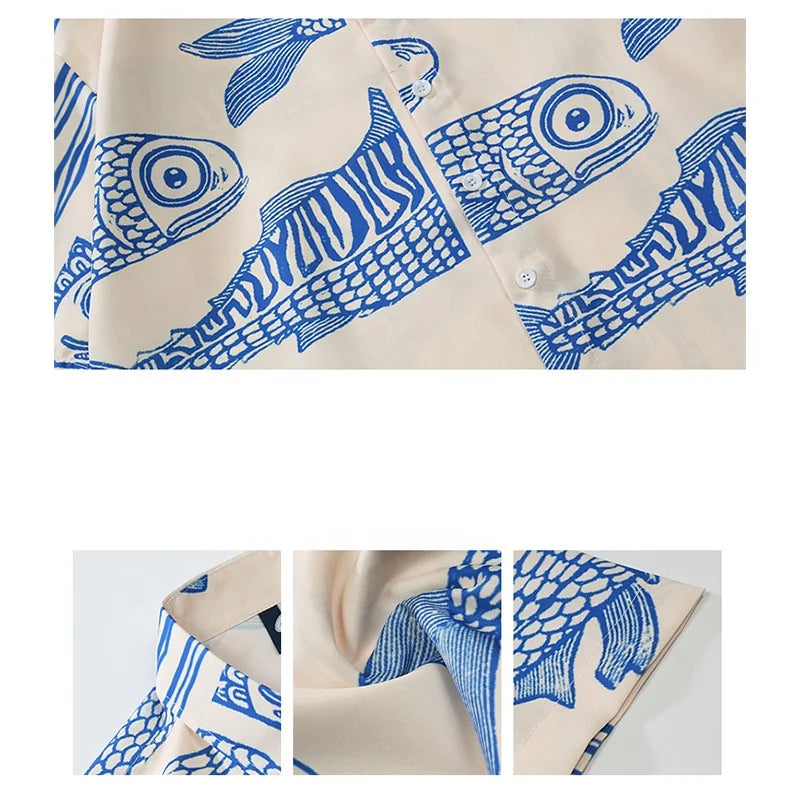 Oversized American Style 2023 Summer Fried Street Fashion Small Fish Print New Personalized Mens Casual Shirts