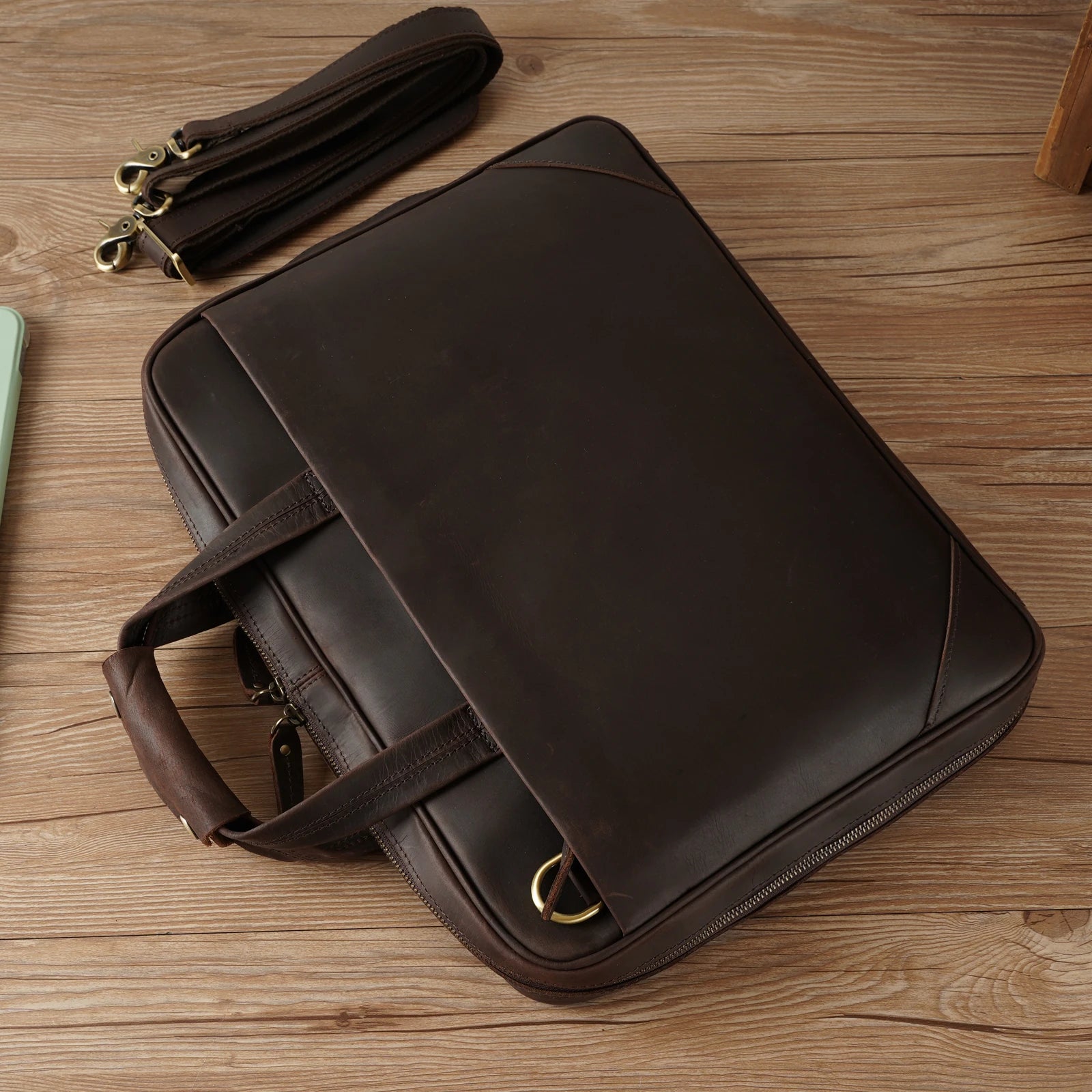 TIDING Vintage Men Cow Buffalo Leather 15 Inch Laptop Briefcase Slim Genuine Leather Laptop Bag for Man