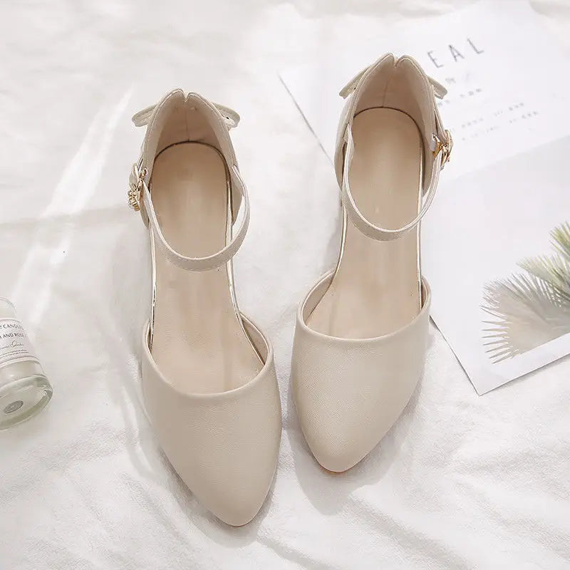 FHC Bowtie High Heels Women Pumps,Pointed toe Single Shoes Woman,Ankle Strap Sandals,Block Heel Footware for Office Lady,Beige