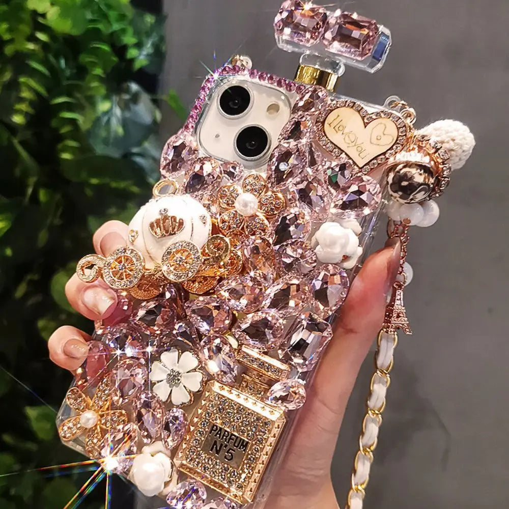 Luxury Designer Acrylic Perfume Glitter Case for iPhone 16 Pro Max 14 Plus Rhinestones Crossbody Shoulder Chain Strap Phone Bag