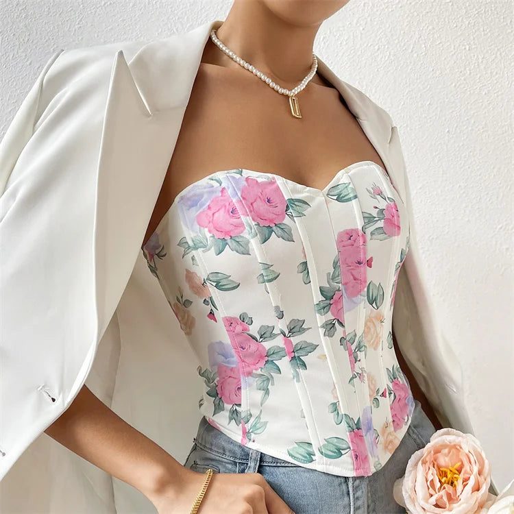 Short Tube Top Corset Monet Floral Print Corset Sexy Fishbone Abdominal Push up Breast Shaper Top Gothic Corset Woman