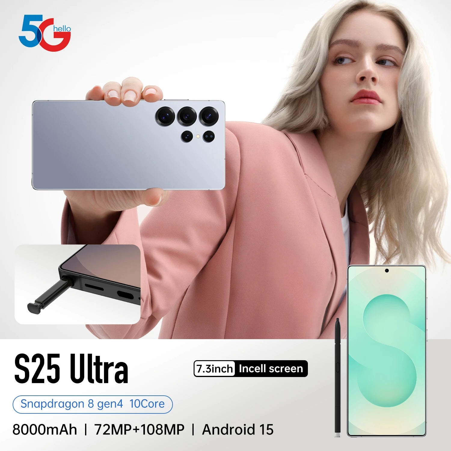 S25Ultra Mobile 4K 108MP Dual Stereo Speakers for Audio-Visual Entertainment Octa Core CDMA/LTE 65W French Spanish English