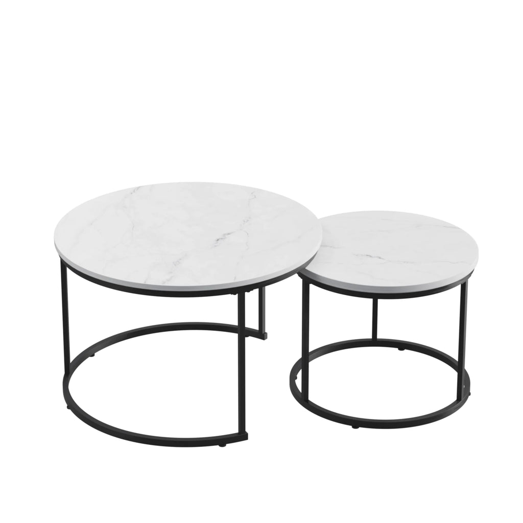 Modern Coffee Table Set 2 27.6inch Wood Marble Pattern Top Sturdy Metal Frame End/Side Tables Living Room Bedroom Balcony Home