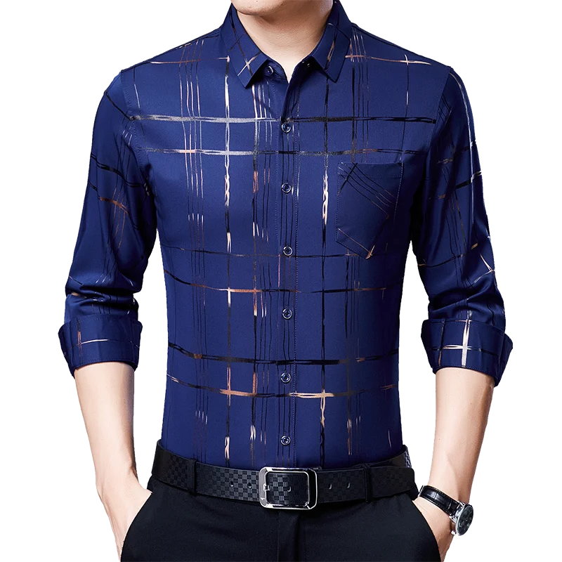 New Arrival Men's Casual Long Sleeve Satin Blouse Shirt Loose Fit Stand Collar Anti-Wrinkle Autumn Stripe Print Wholesale