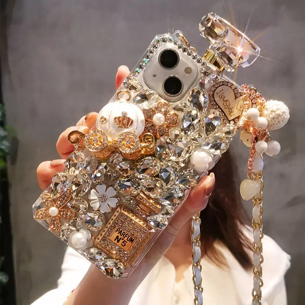 Luxury Designer Acrylic Perfume Glitter Case for iPhone 16 Pro Max 14 Plus Rhinestones Crossbody Shoulder Chain Strap Phone Bag