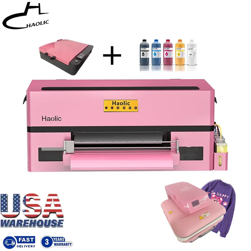 USA Warehouse PinkA3 DTF Printer 13'' with XP600 Head Pet Film Heat Transfer Machine for T-Shirt Dress Women's Clothes Design