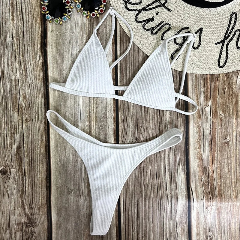 Drop Shipping Sexy Beach Triangle Bikini Ribbed Fabric Swimwear Womens Beachwear