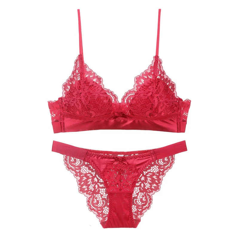French Hollow Out Lace Triangle Cup Bra and Thong Set Underwear Wireless Thin Lined Women Sexy Lingerie New Arrivals