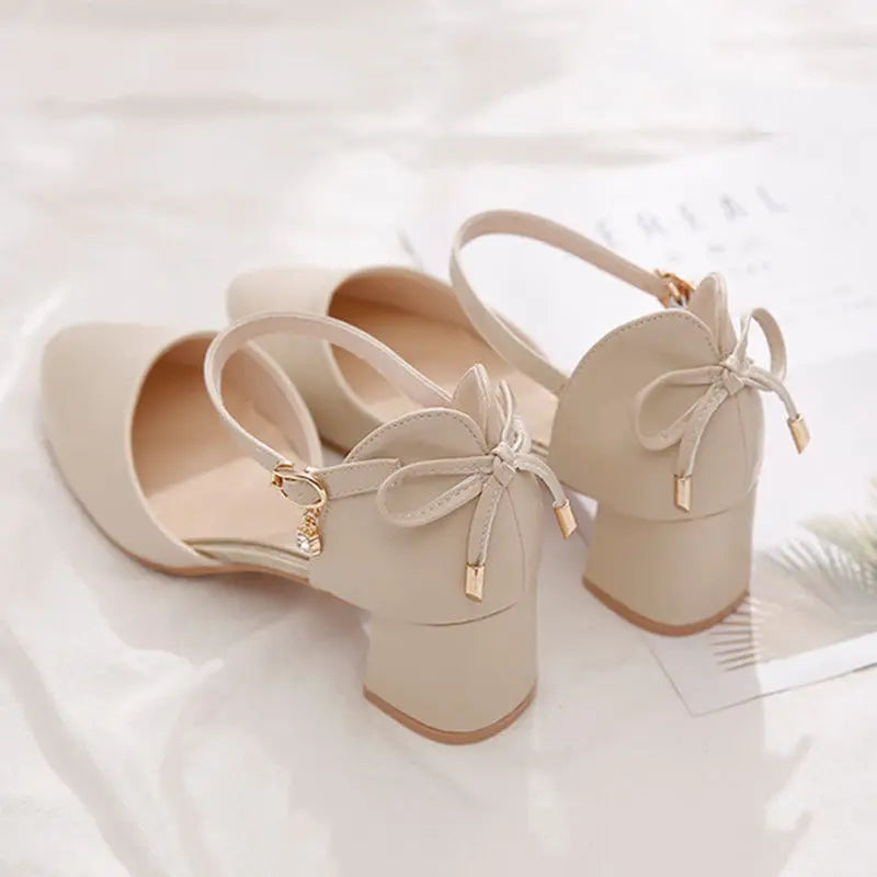 FHC Bowtie High Heels Women Pumps,Pointed toe Single Shoes Woman,Ankle Strap Sandals,Block Heel Footware for Office Lady,Beige