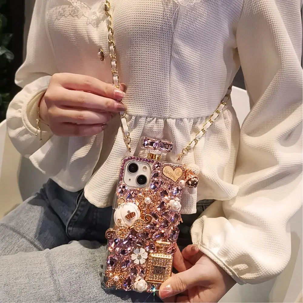 Luxury Designer Acrylic Perfume Glitter Case for iPhone 16 Pro Max 14 Plus Rhinestones Crossbody Shoulder Chain Strap Phone Bag