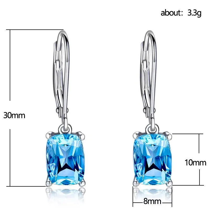 Classic Sea Blue Cushion Cut Crystal Drop Earrings For Women Party Jewelry Alloy Claw Setting Fashion Earrings