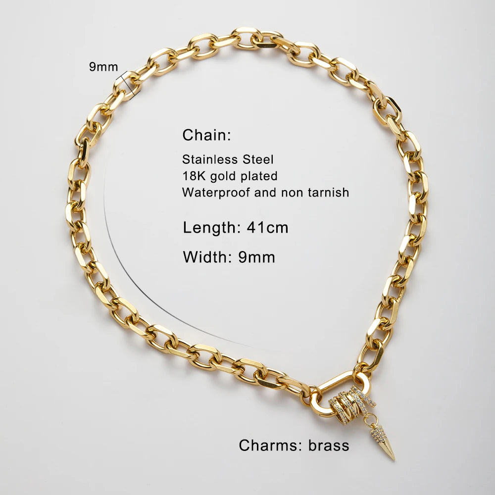 YF5072 Fashion Non Tarnish Jewelry 18k Gold Plated Oval Link Spring Clasp Stainless Steel Full Zircon Charms Choker Necklace