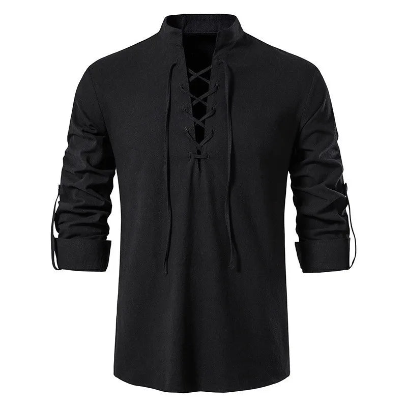 Good Quality New Design Stand Collar Men's Cotton Linen Shirt Long-sleeved Casual Beach Shirt