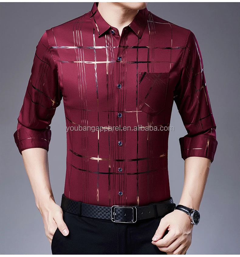 New Arrival Men's Casual Long Sleeve Satin Blouse Shirt Loose Fit Stand Collar Anti-Wrinkle Autumn Stripe Print Wholesale