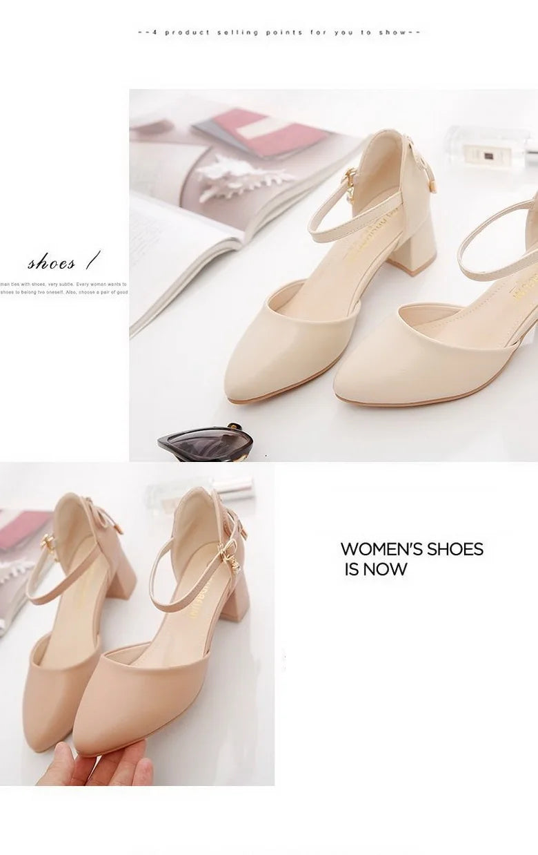 FHC Bowtie High Heels Women Pumps,Pointed toe Single Shoes Woman,Ankle Strap Sandals,Block Heel Footware for Office Lady,Beige