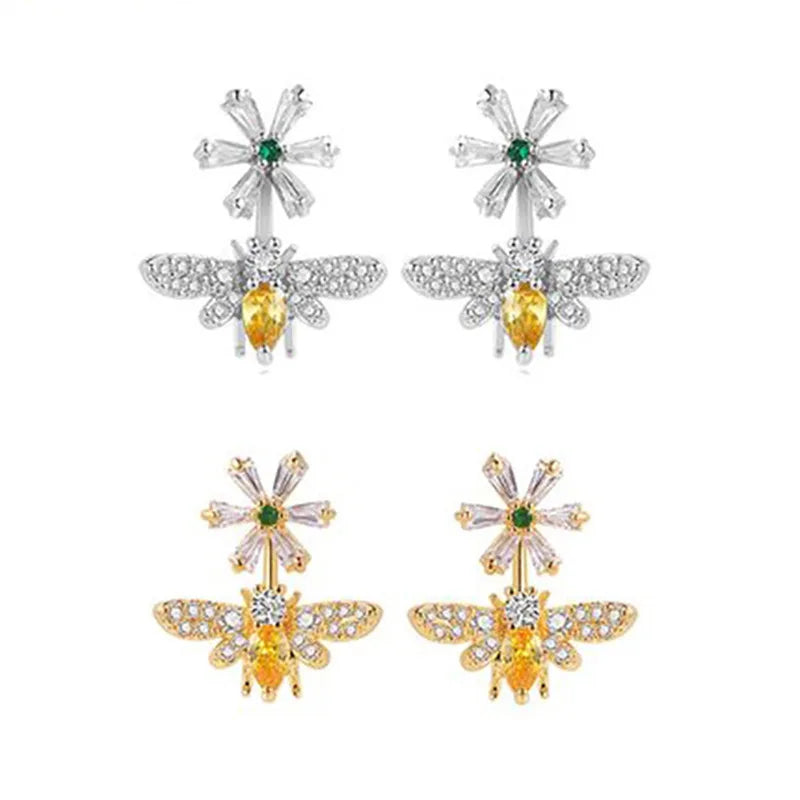 White Gold Plated Bee Stud Earrings With Pear Cut Zircon And Diamond Accents For Women Party Jewelry Cute Insect Design