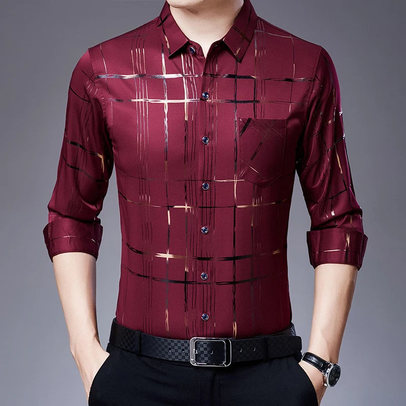 New Arrival Men's Casual Long Sleeve Satin Blouse Shirt Loose Fit Stand Collar Anti-Wrinkle Autumn Stripe Print Wholesale