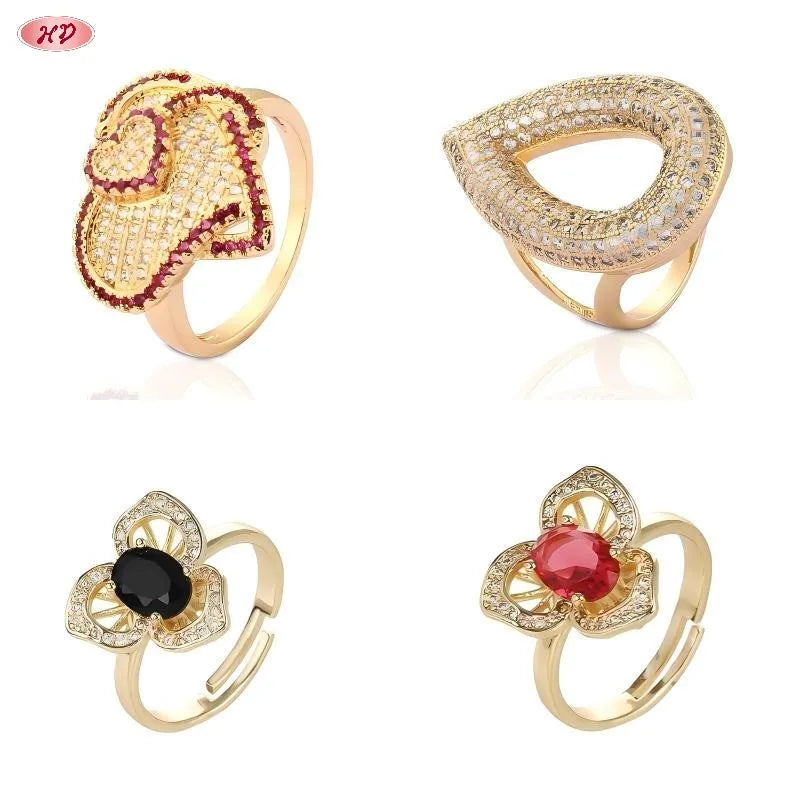 Adjustable a Set of Four Rings Copper Wedding Ring 18K Gold Plated Zirconia Claw Set Channel Set Geometric Fashion Jewelry Women