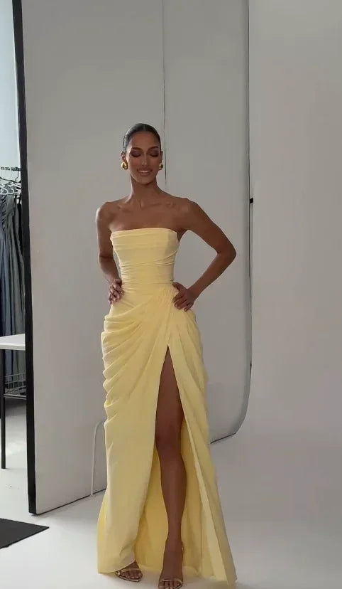 Yellow Strapless Pleated Dress Women Elegant Sexy Sleeveless Waist Cinching Split Maxi Gowns 2026 Lady New Evening Party Dresses