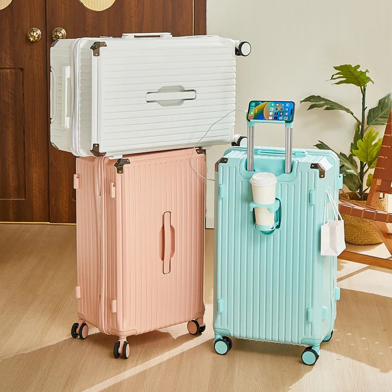 Large Capacity 20-26 Inch Rolling Luggage with Cup Holder Travel Bag Convenien Mobile Phone Stand Simple Travel Rolling Suitcase