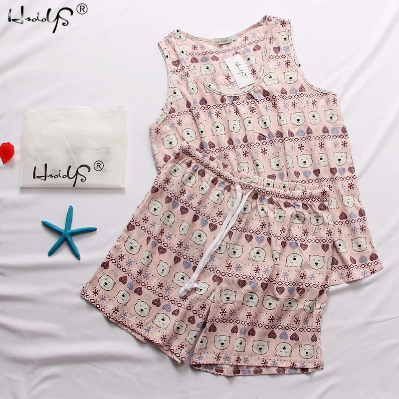 Hzioiys Summer Pajamas Sets Cotton Sleepwear Suit Women Casual Pajama Sets Cartoon Vest Shirt + Shorts Pajamas Suit Plus Size