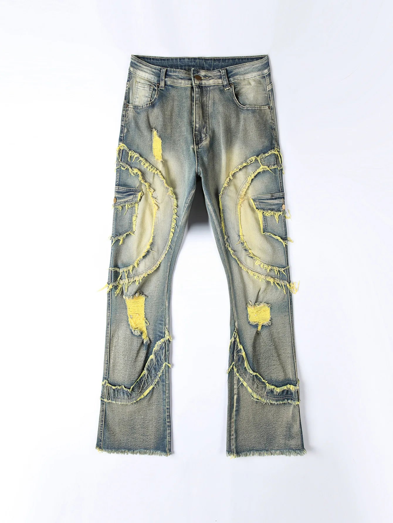2025 New European and American men's casual jeans, street punk fashion, retro, ripped hole, slightly flared tassel elastic jeans