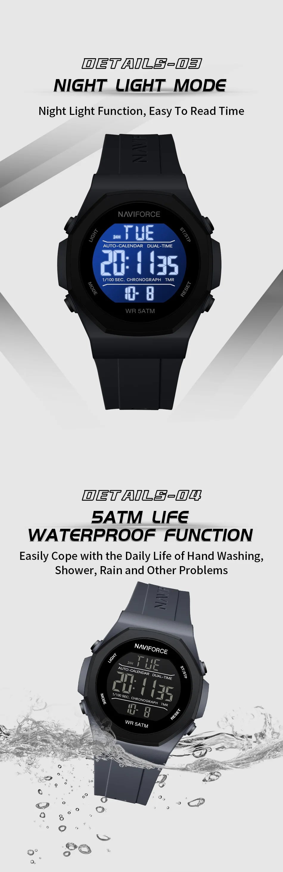 NAVIFORCE Creative Multifunction Male Wristwatches Silicone Strap LCD Display Electronic Watches for man Casual Wild Male Clocks