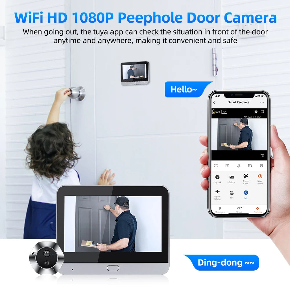 Awapow WiFi Tuya Peephole Camera Smart Life Motion Detection Digital Audio Doorbell Upgrades Two-way Intercom 2 Million HD Pixel