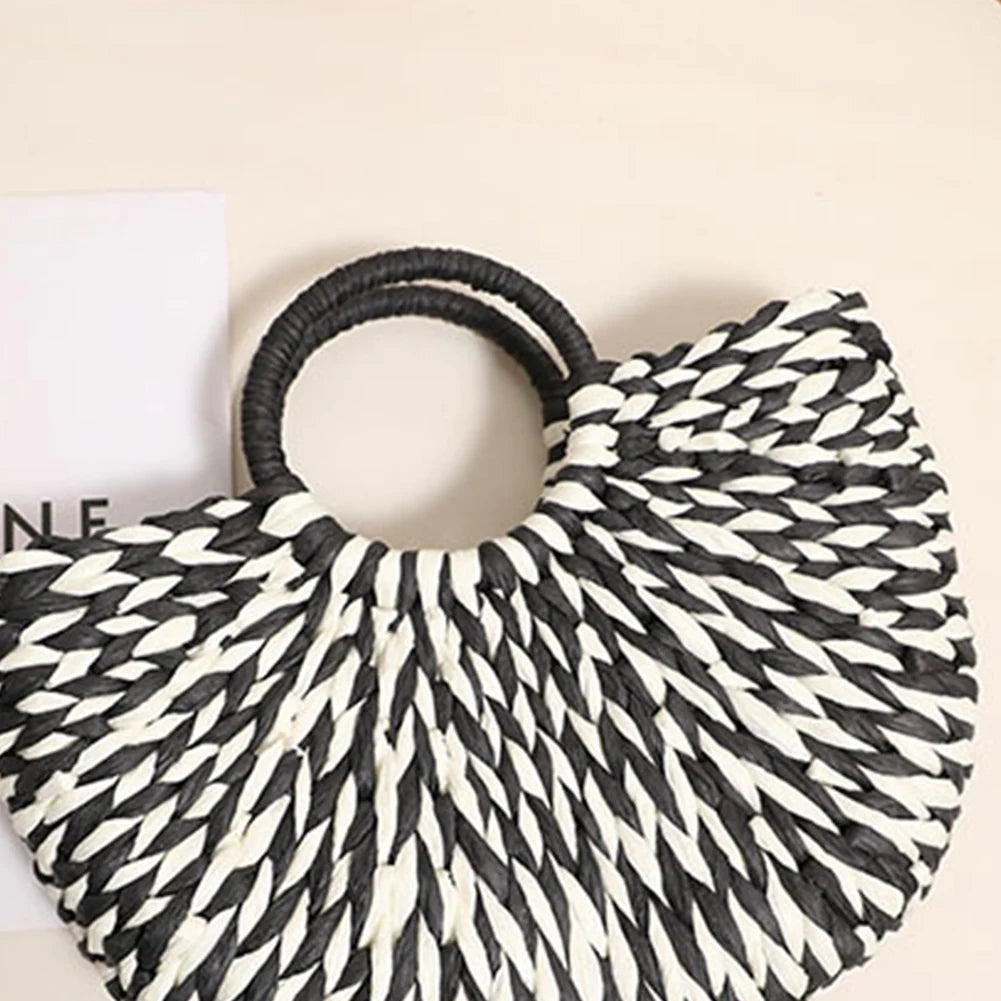 Women Straw Tote Handbag Large Capacity Semi-Circle Woven Bag Color Clash Semicircle Weaving Bag Summer Beach Handbag