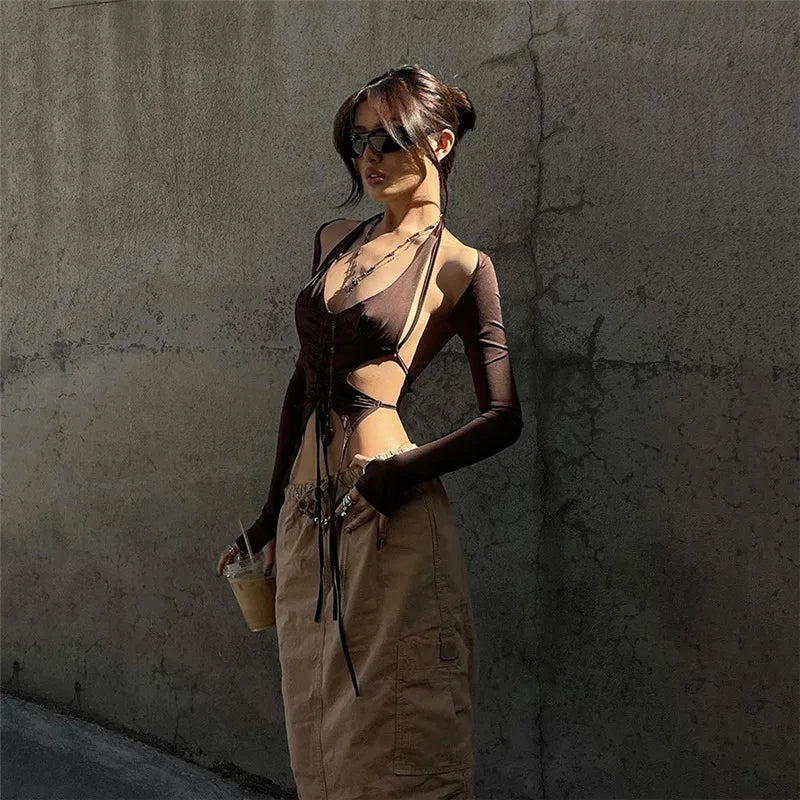 Y2k Streetwear 2 Piece Long Sleeve Halter Crop Top Sexy Trendy Irregular Backless Women T-shirts Aesthetic
