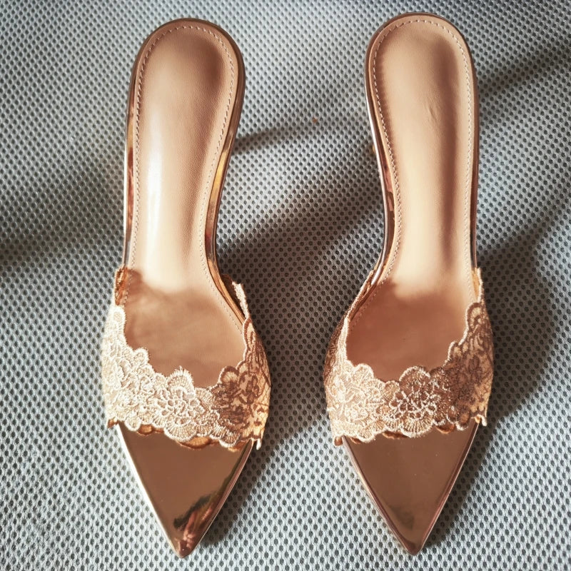 New Summer Women's High Heel Sandals Lace Embroidery Pointed Open Toe Stiletto High Heel Sandals Party Slippers