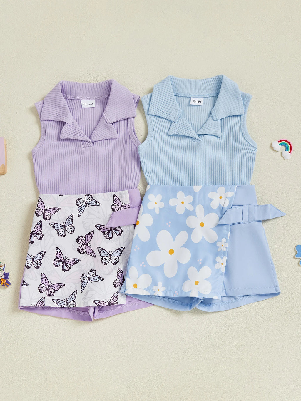 Adorable Baby Girls Summer Outfits Sleeveless Ribbed Tank Tops with Elastic Butterfly Flower Print Skirt Shorts Set - Trendy