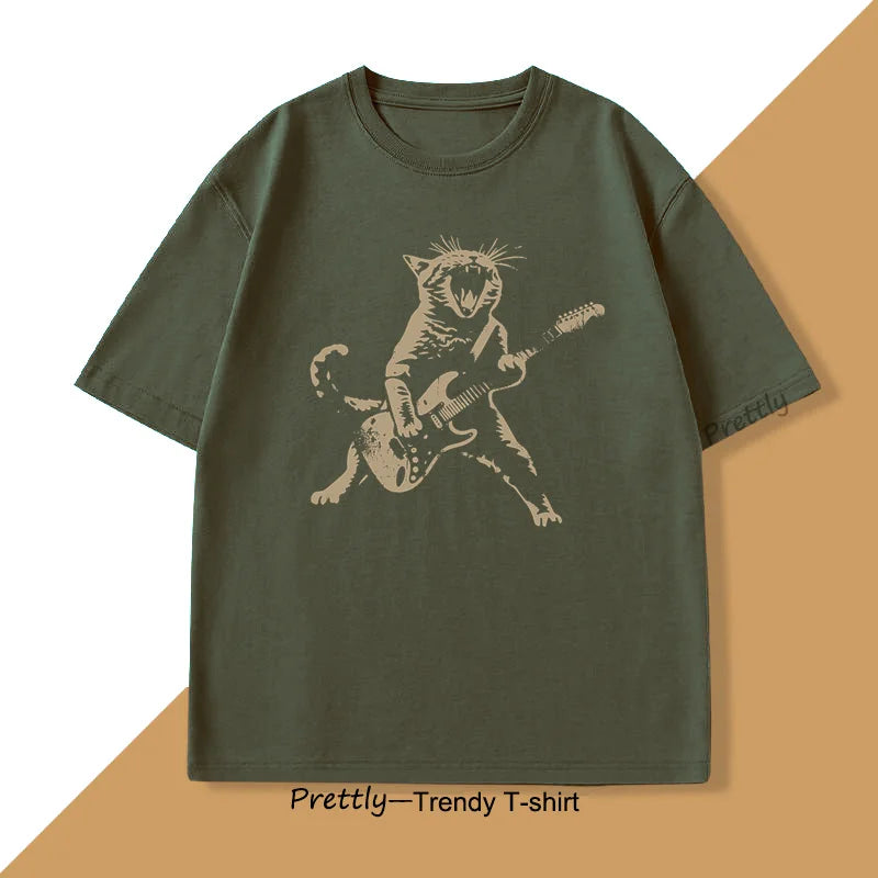 Rock Cat Playing Guitar T Shirt Funny Guitar Cat Tee Shirt Casual Round Neck Cotton Short Sleeve Tshirt Summer Street Trendy Top