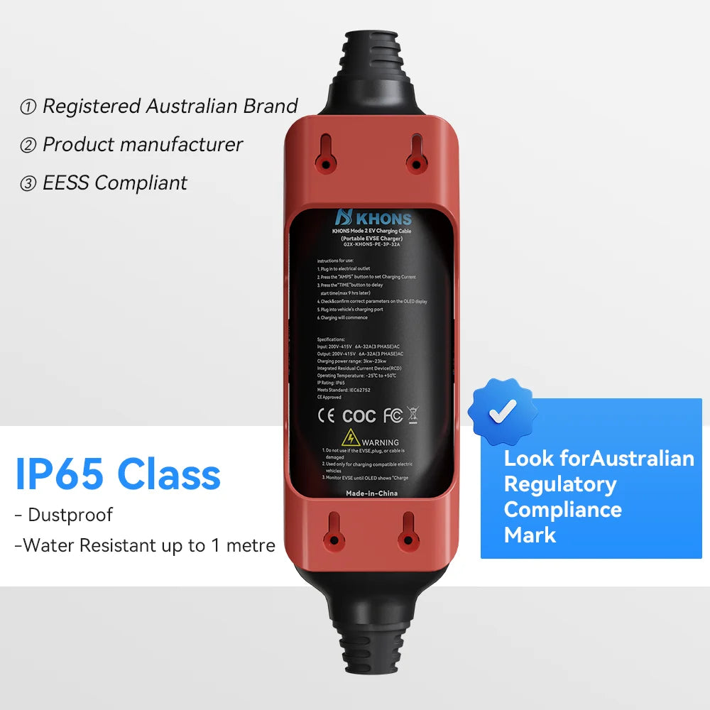 Khons Type2 EV Charger 22kw 32A Three-Phase Portable EV Charger EVSE Wallbox With Australian Industrial Plug For BYD Tesla Cars