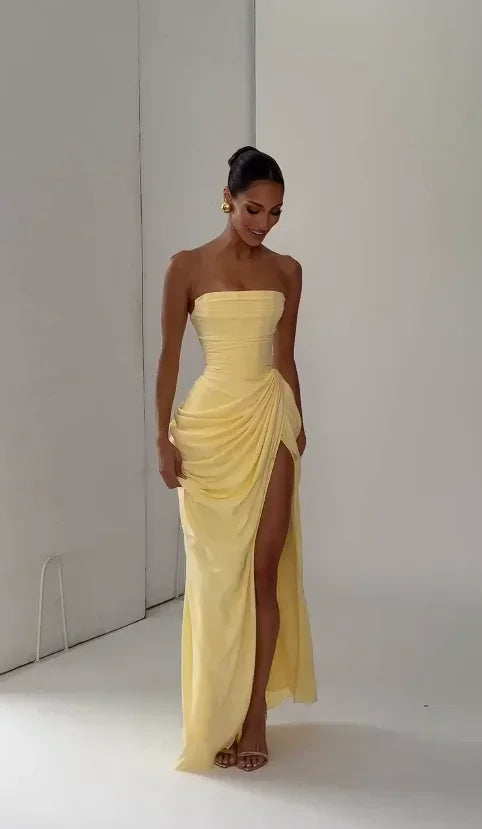 Yellow Strapless Pleated Dress Women Elegant Sexy Sleeveless Waist Cinching Split Maxi Gowns 2026 Lady New Evening Party Dresses