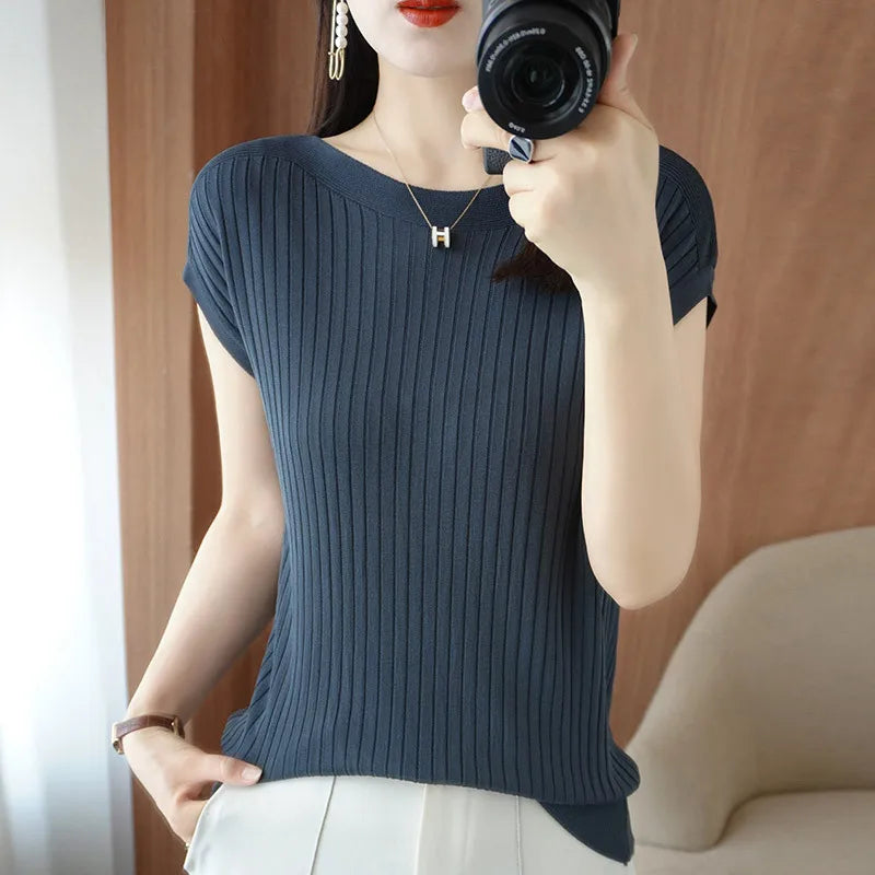 Spring Summer T-shirt Women Short Sleeves Slim Striped Innerwear Slash Neck Fashion Korean Loose Knitted T-shirt Sweater 2026