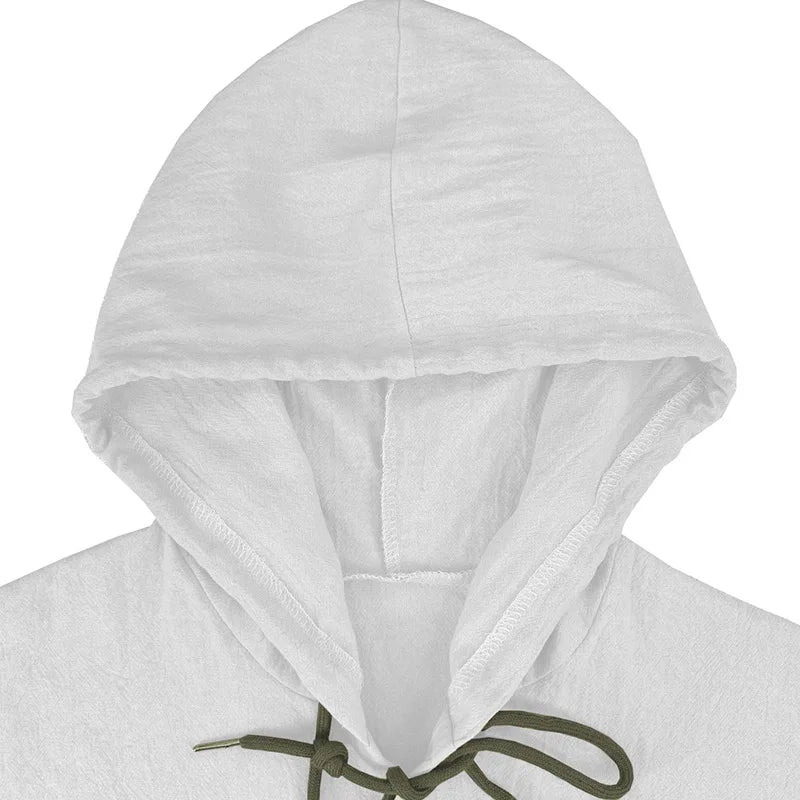 Men's solid color casual shirt, hooded drawstring cotton and linen cardigan, trendy and versatile loose beach T-shirt