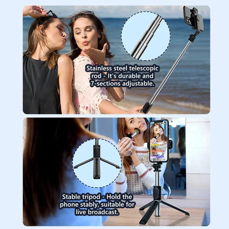 عصا سيلفي صغيرة محمولة مع ضوء تعبئة LED، حامل ثلاثي القوائم قابل للطي للهاتف، تدعم غالق التحكم عن بعد اللاسلكي بتقنية البلوتوث