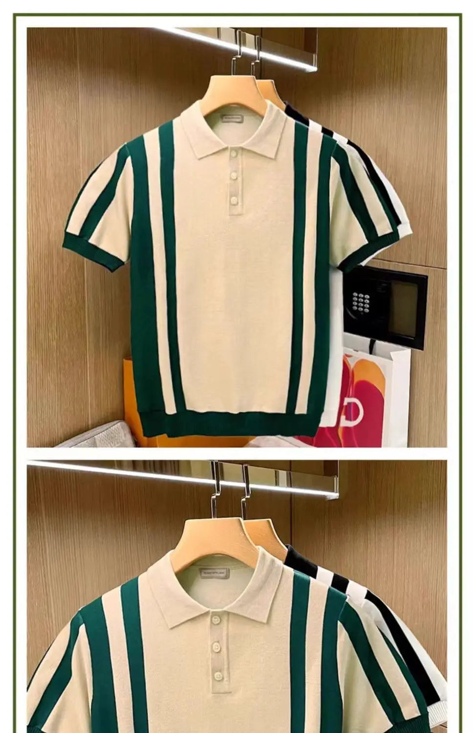 Summer New Men's Knitting polos Shirt Men Turn-down Collar Button Fashion Color Stripe Tops Knit Casual Short Sleeve T-shirts