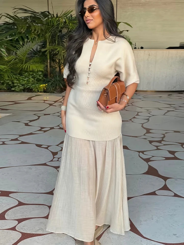 Elegant Women Patchwork Long Dress Short Sleeve O Neck Button A-Line Dresses Spring Summer Vintage Beach Vacation Casual Robes