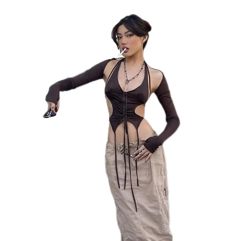 Y2k Streetwear 2 Piece Long Sleeve Halter Crop Top Sexy Trendy Irregular Backless Women T-shirts Aesthetic