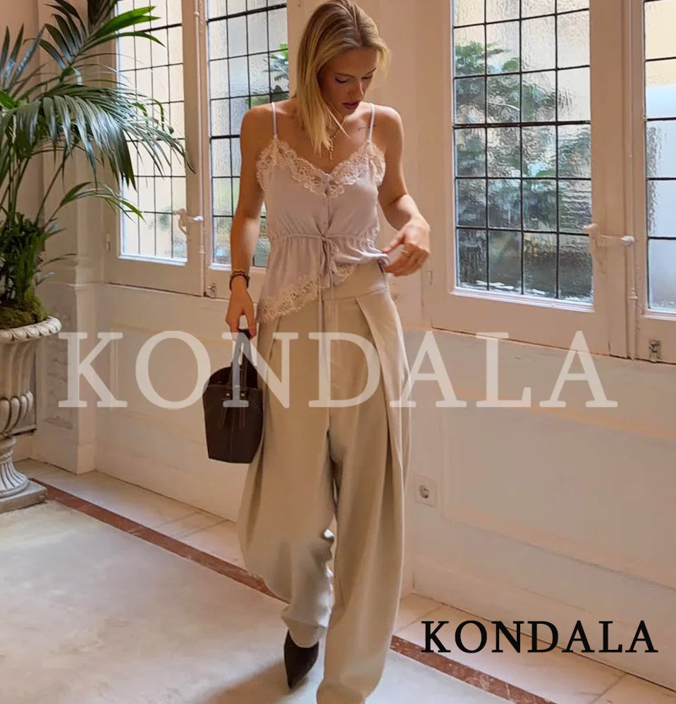 KONDALA Lady Chic Satin Strappy Top 2026 Spring Summer Romantic Holidays Lace Suspender Top Women High Street Trendy Cute Tops