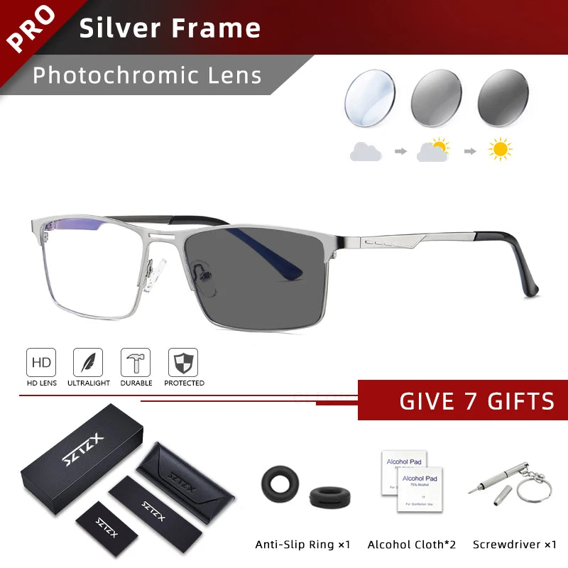 SZTZX Men Business Reading Glasses Anti Blue Light Myopia Prescription Eyeglasses Ultralight Photochromic Optical Sunglasses