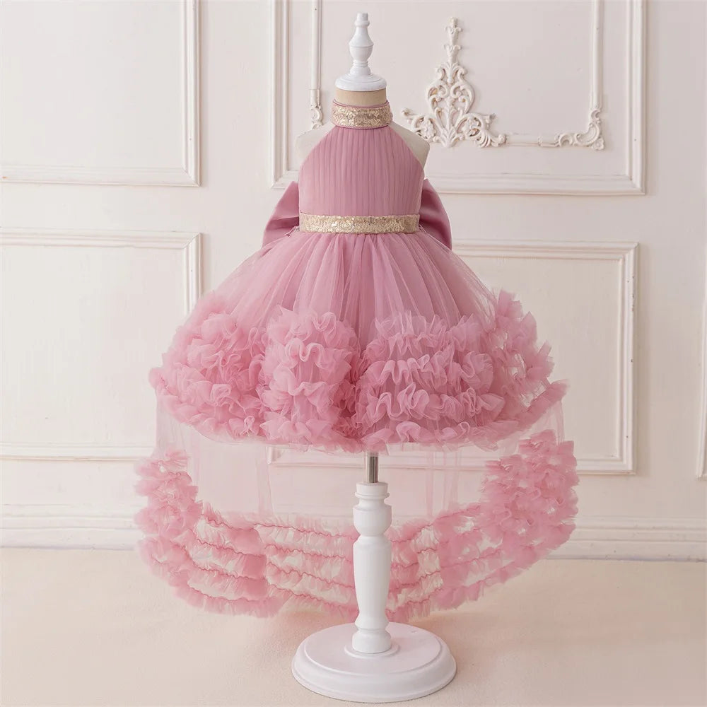 Trailing Big Bow Party Baby Girls Dresses Sequin Baptism Bridesmaid Costume Toddler Birthday Princess Dress Wedding Evening Gown