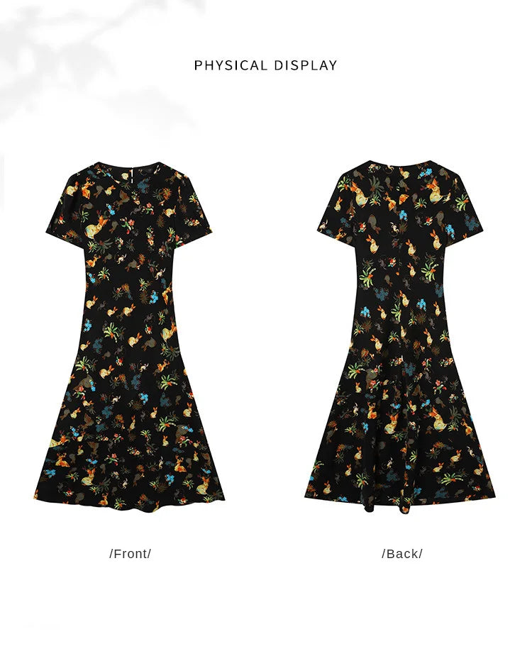 LOUIS YAO Women's Printed Dress 2025 Summer Soft Fabric New Cute Animal Flower Patterns Umbrella-shaped Skirt Hem Long Dresses