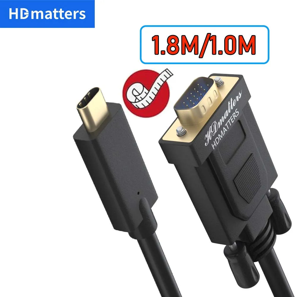 USB C to VGA Adapter Cable 1.8M/1M USB-C USB 3.1 Type C to VGA Male Cable for Apple Macbook Pro Air Mini Iphone 17/16/15 Dell