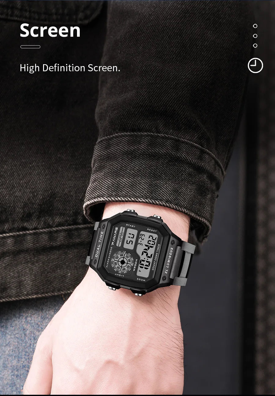 PANARS Top Luxury Stainless Steel Strap Sport Watches Mens Waterproof Back Light Digital Wristwatch Male Alarm